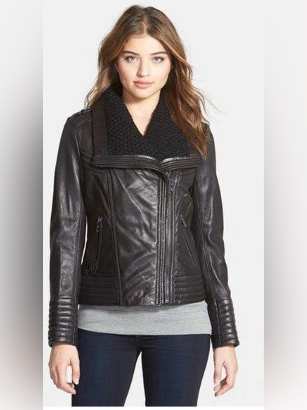 MICHAEL Michael Kors Black Leather Asymmetrical Zip Jacket with Knit Collar